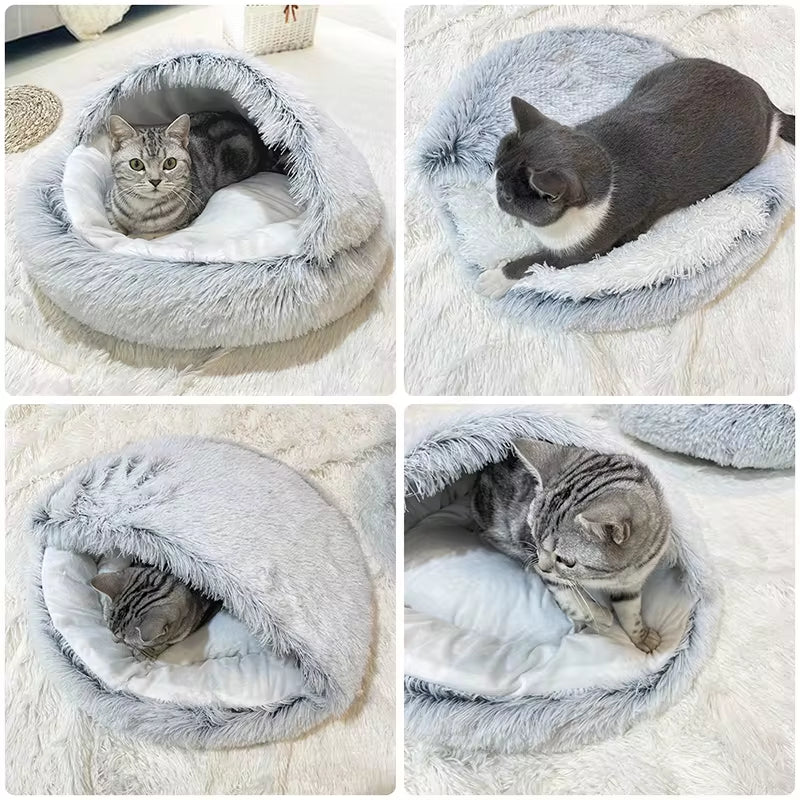 2-in-1 Winter Plush Cat Bed – Round Cozy Cat House, Warm Sleep Bag, and Cushion for Small Dogs and Cats