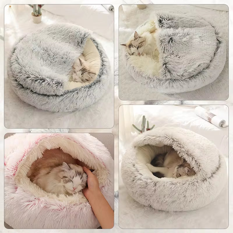 2-in-1 Winter Plush Cat Bed – Round Cozy Cat House, Warm Sleep Bag, and Cushion for Small Dogs and Cats