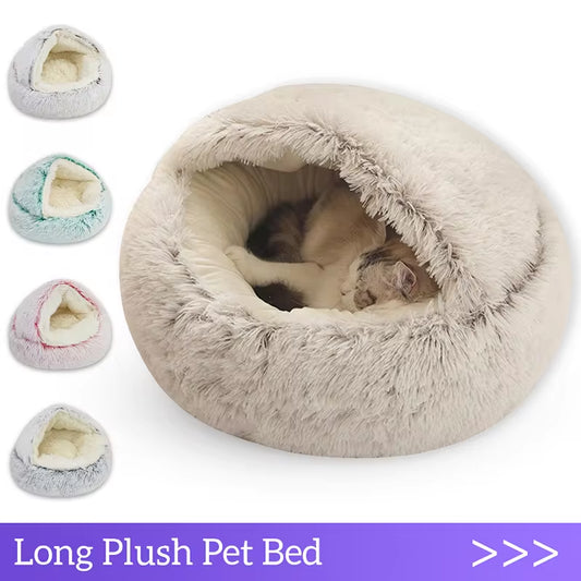 2-in-1 Winter Plush Cat Bed – Round Cozy Cat House, Warm Sleep Bag, and Cushion for Small Dogs and Cats