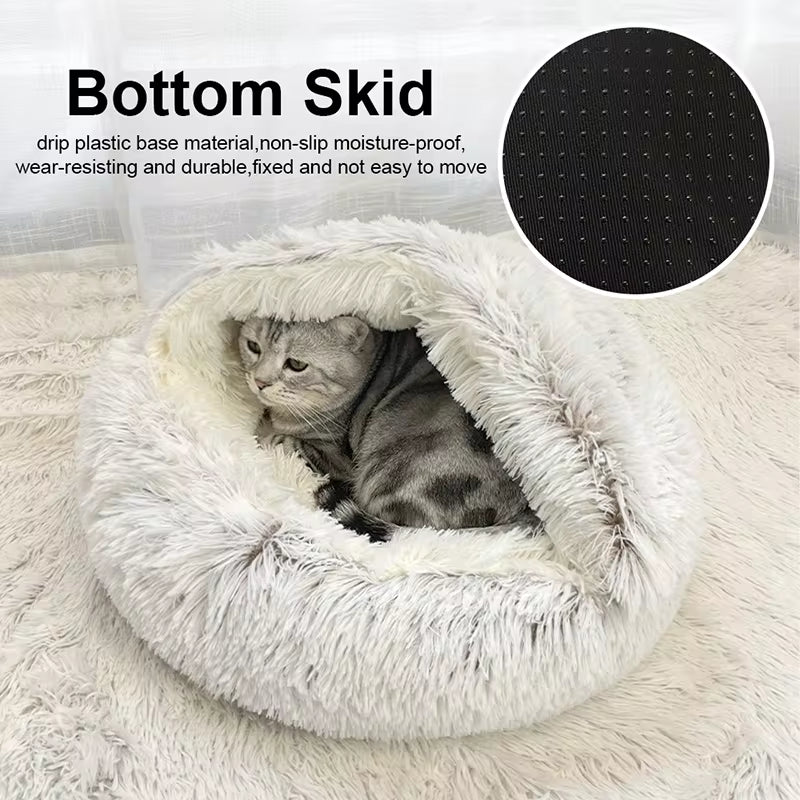 2-in-1 Winter Plush Cat Bed – Round Cozy Cat House, Warm Sleep Bag, and Cushion for Small Dogs and Cats