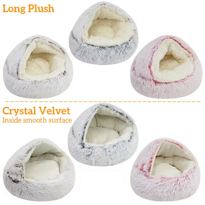 2-in-1 Winter Plush Cat Bed – Round Cozy Cat House, Warm Sleep Bag, and Cushion for Small Dogs and Cats