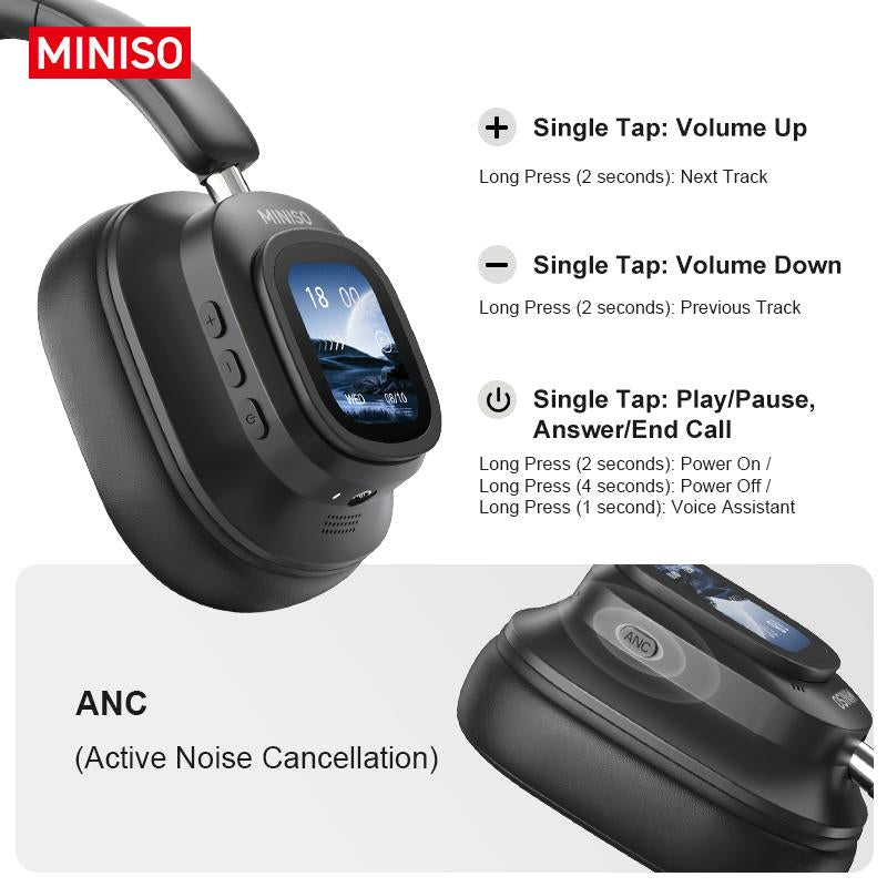 MINISO G90 Wireless ANC Headphones – Foldable Gaming Headset with Touch Display, HIFI Stereo, and Noise Cancellation for Phones, Computers, MP3