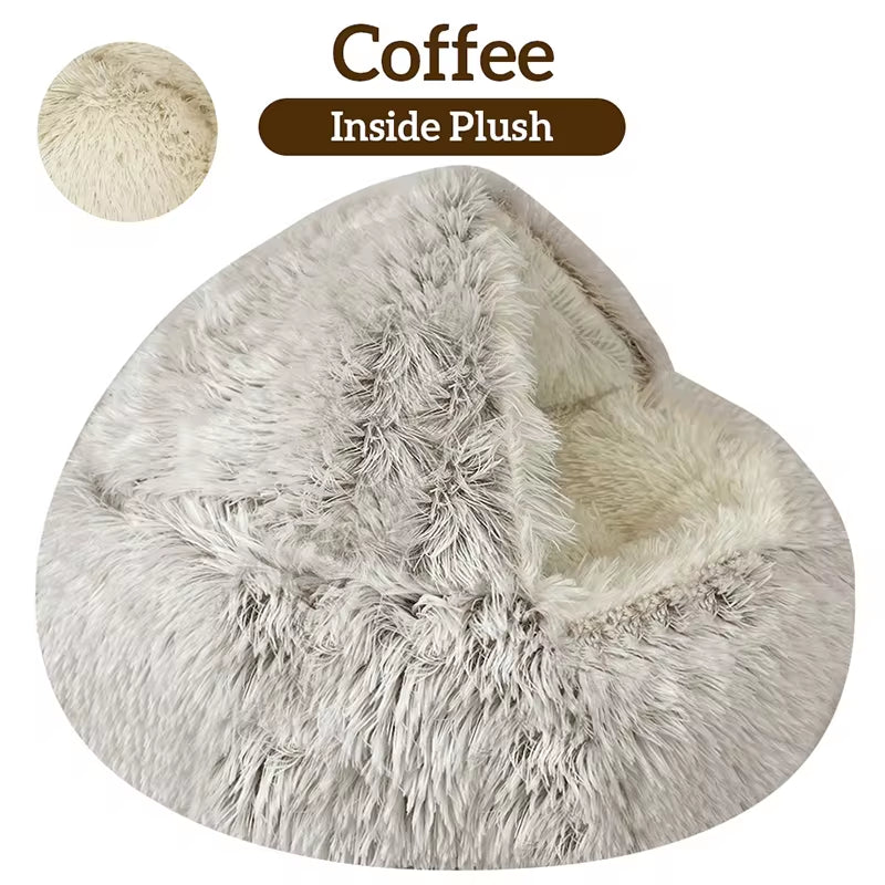 2-in-1 Winter Plush Cat Bed – Round Cozy Cat House, Warm Sleep Bag, and Cushion for Small Dogs and Cats